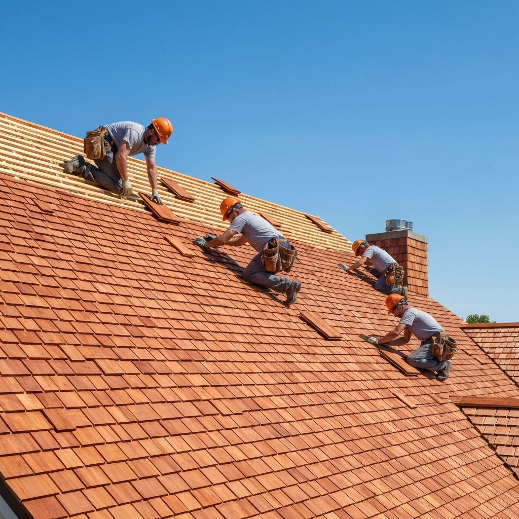 Professional crew installing cedar shake shingles