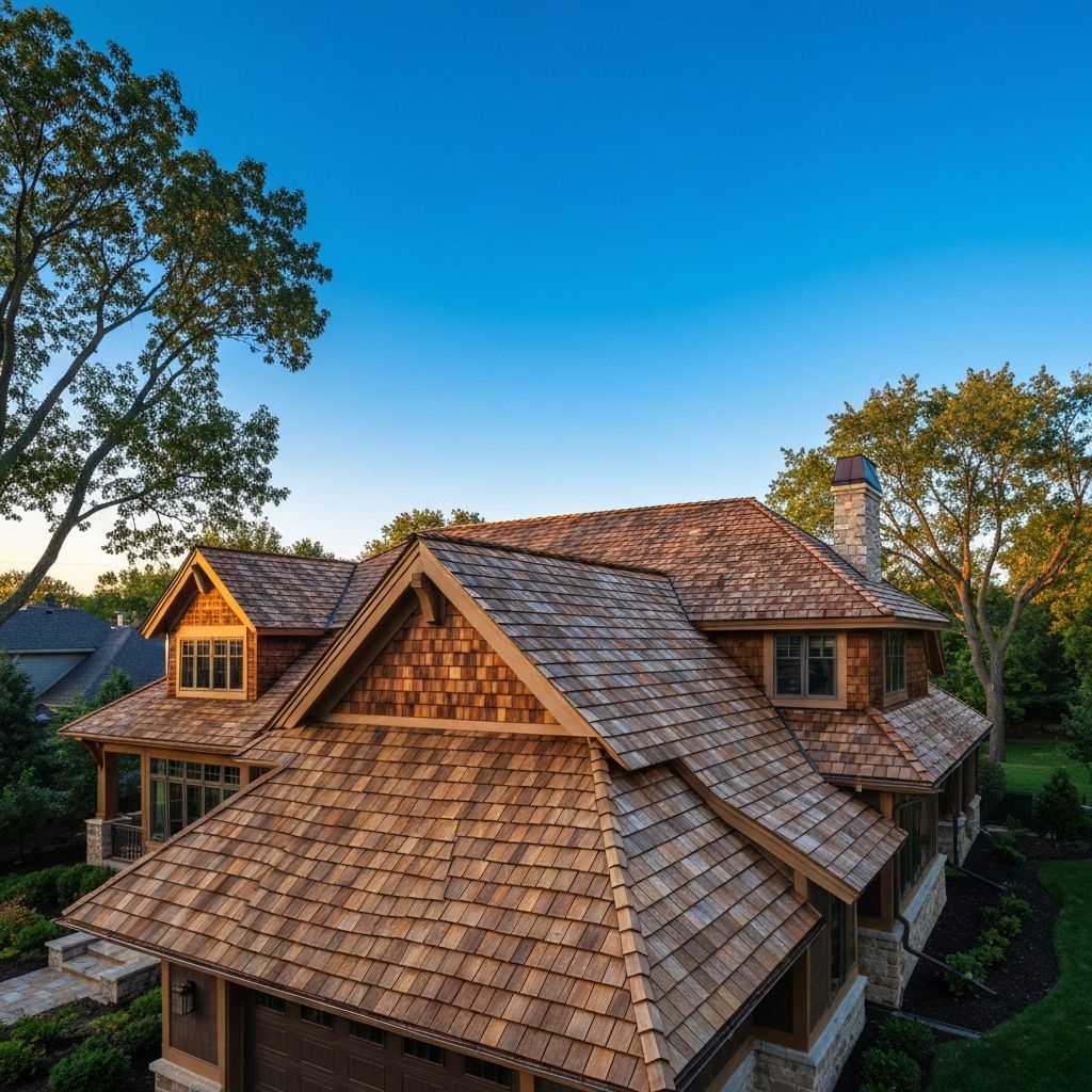 Luxury craftsman home with a natural cedar shake roof