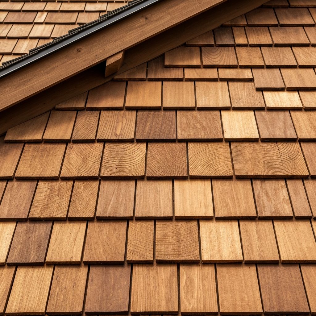 Close-up of natural cedar shake shingles with rich wood grain texture
