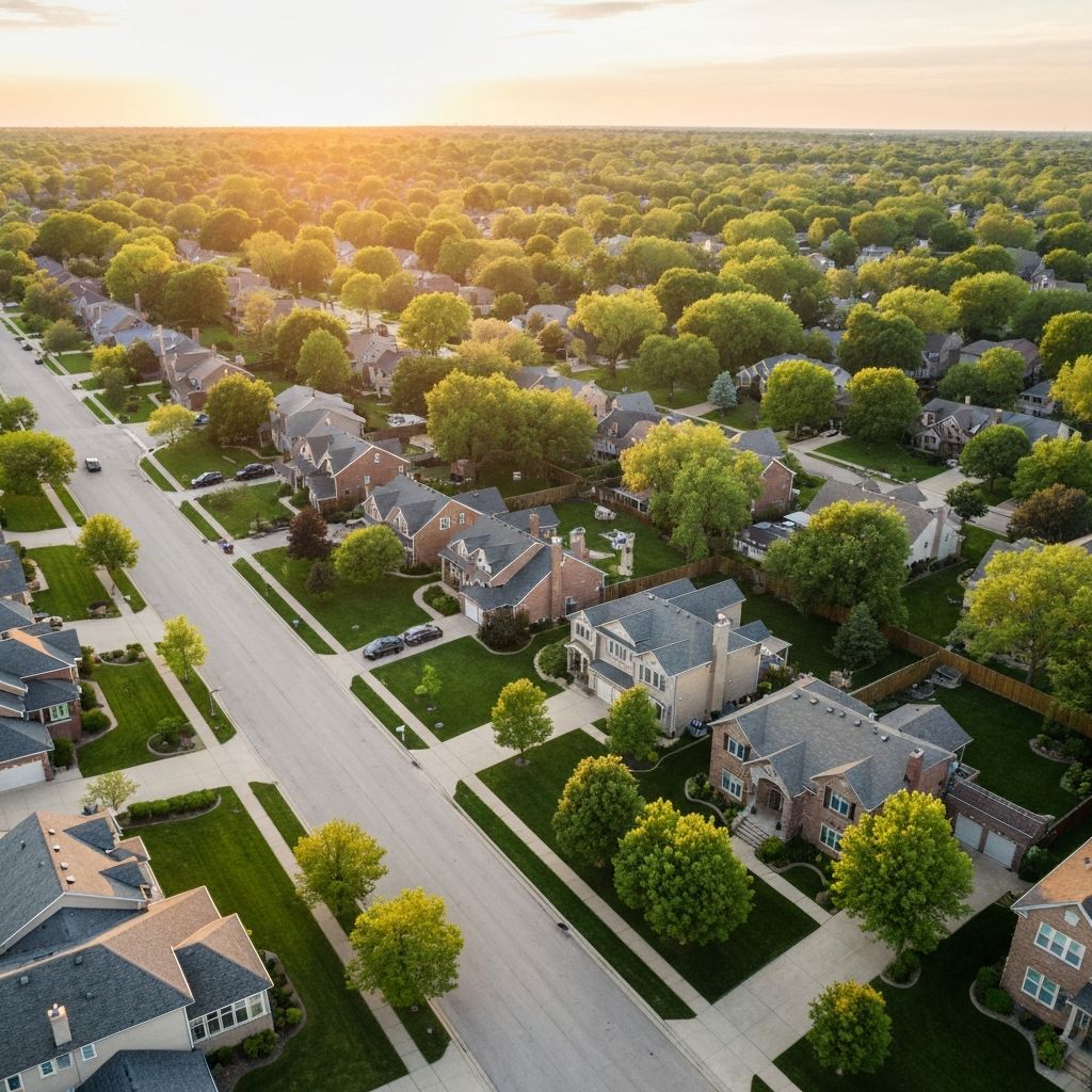 Aerial view of a beautiful Chicago suburban neighborhood with tree-lined streets