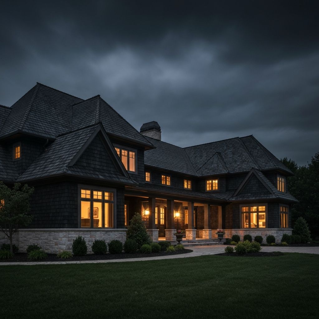 Grand Northern Illinois home at dusk with a weathered cedar shake roof