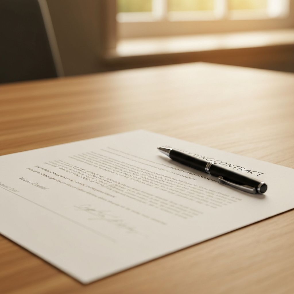 Close-up of a signed roofing contract on a clean desk with warm light