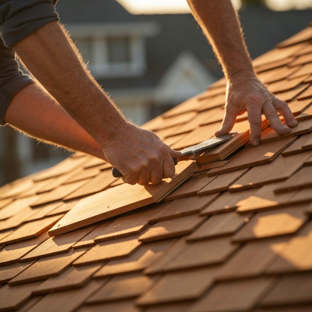 Craftsman hands carefully installing cedar shake shingles on a roof