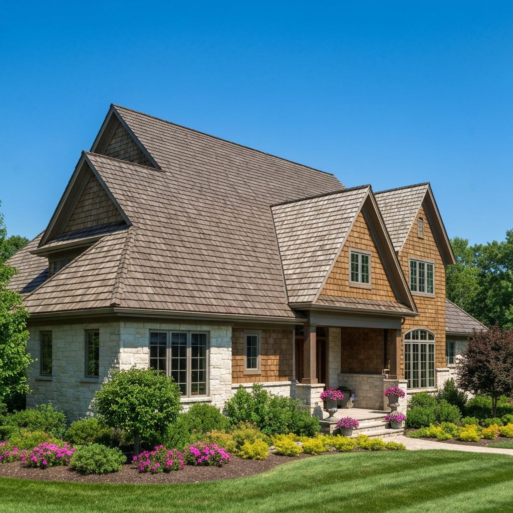 Synthetic shake roof on a modern traditional home in South Barrington, IL